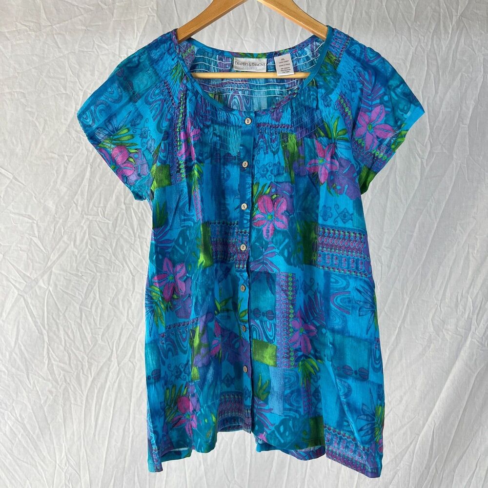 Draper's & Damon's Blue Tropical Floral Coastal Gypsy Bohemian Women's PL Large